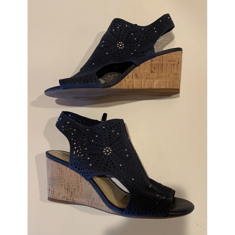 Alex Marie Women’s Sz 6.5 Leather Cork Wedge Heels Sandals Shoes Navy *READ*